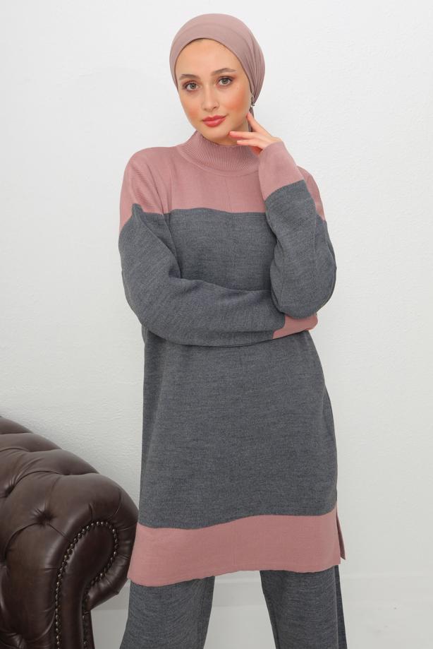 Vêtements hijab GRIS ENSEMBLE PANTALON EN MAILLE À COL ROULÉ T 1108 - TRENDTESETTÜR