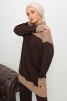 Tesettür giyim KAHVE BOĞAZLI YAKA PANTOLONLU TRİKO TAKIM T 1108