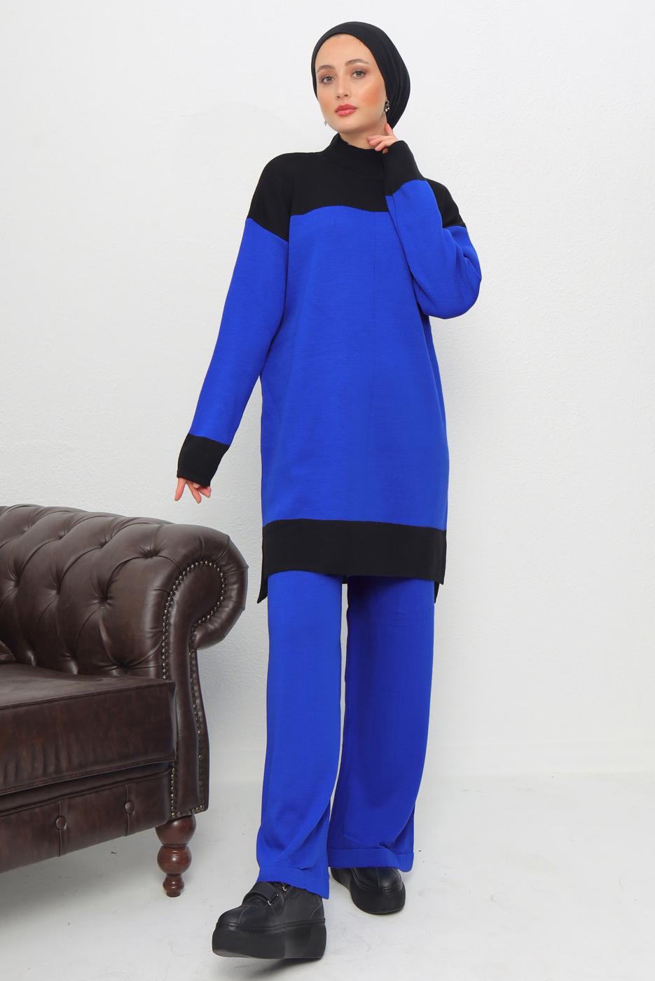 Tesettür giyim LACİVERT BOĞAZLI YAKA PANTOLONLU TRİKO TAKIM T 1108