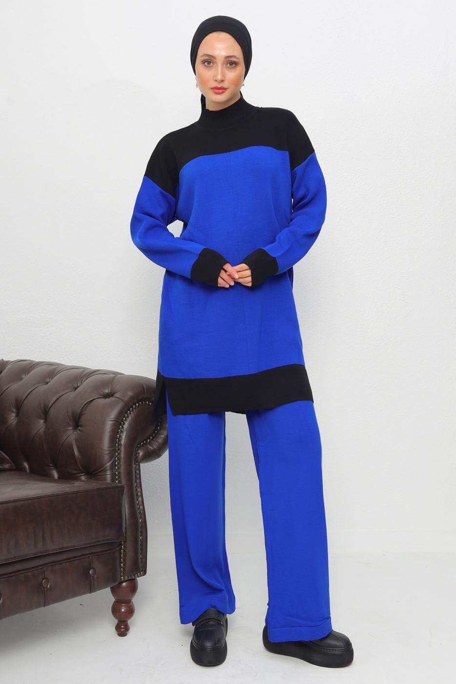 Tesettür giyim LACİVERT BOĞAZLI YAKA PANTOLONLU TRİKO TAKIM T 1108