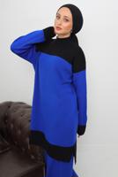 Tesettür giyim LACİVERT BOĞAZLI YAKA PANTOLONLU TRİKO TAKIM T 1108