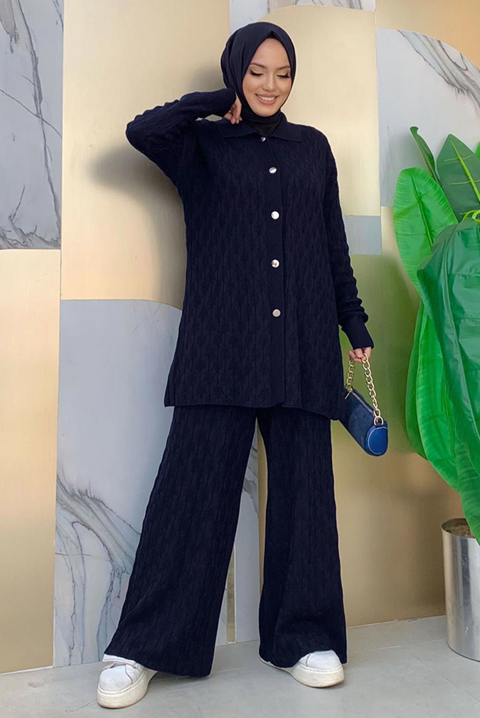 Tesettür giyim LACİVERT PANTOLONLU TRİKO TAKIM T 11332