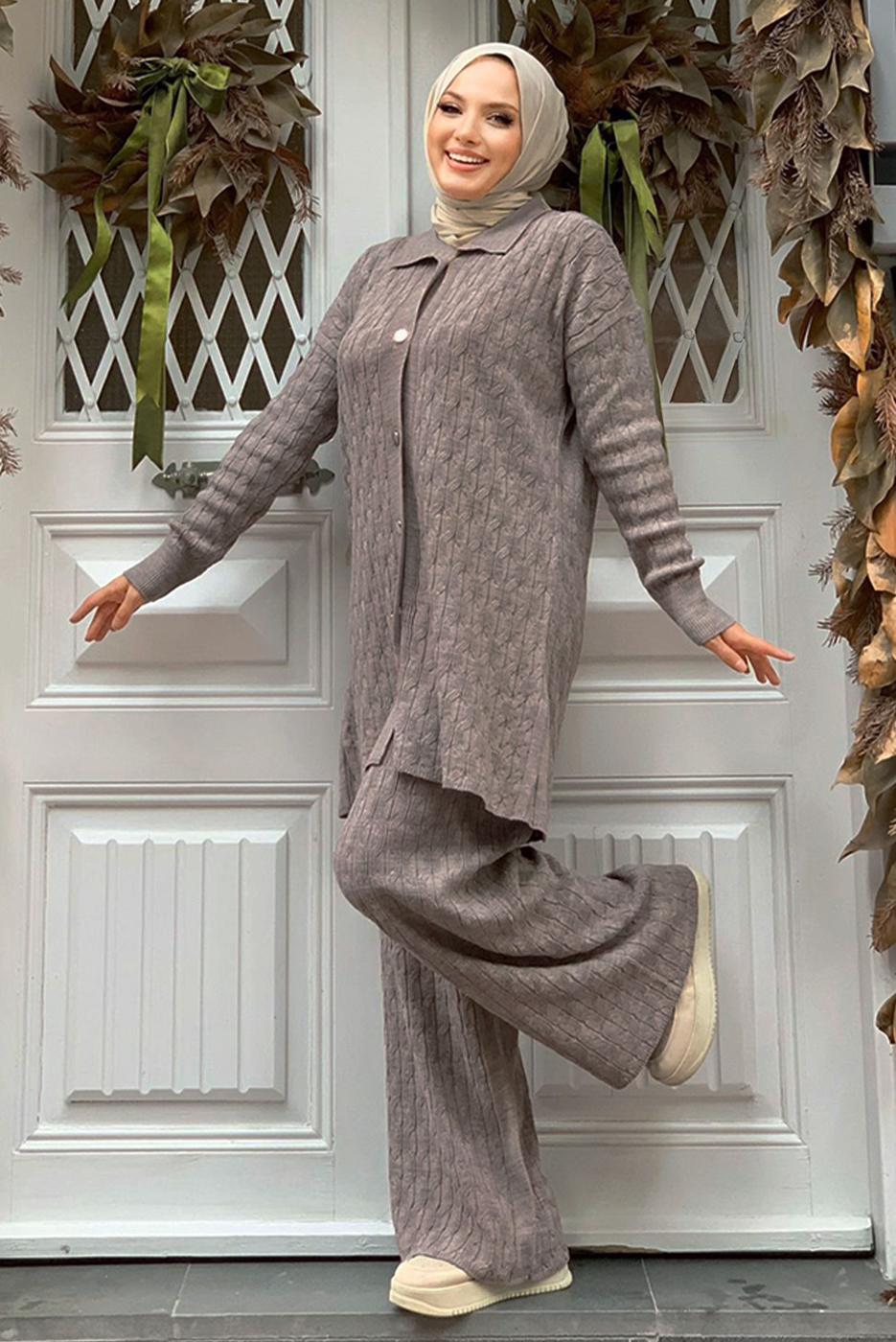 Tesettür giyim VİZON PANTOLONLU TRİKO TAKIM T 11332