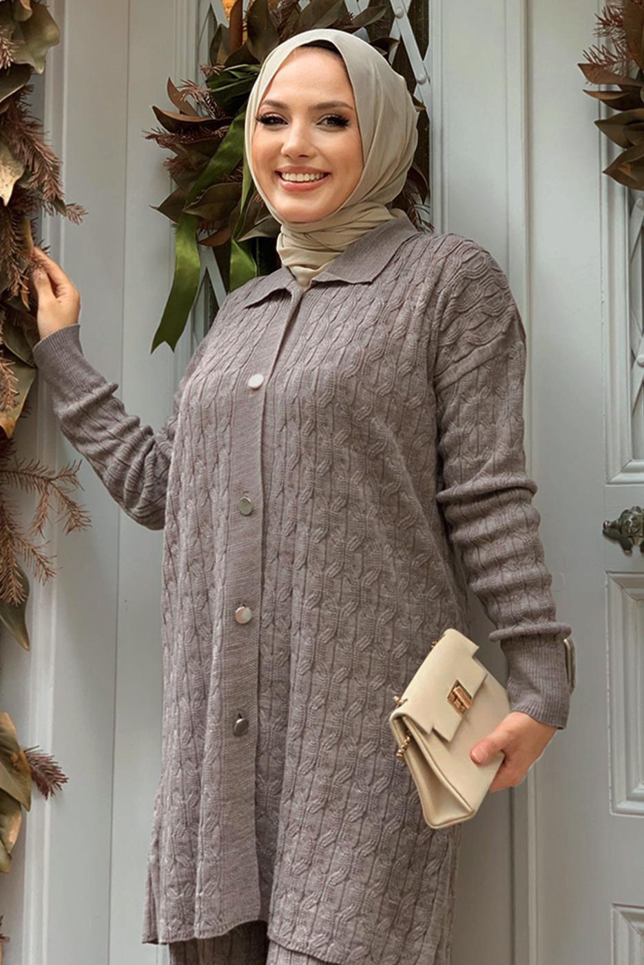 Tesettür giyim VİZON PANTOLONLU TRİKO TAKIM T 11332