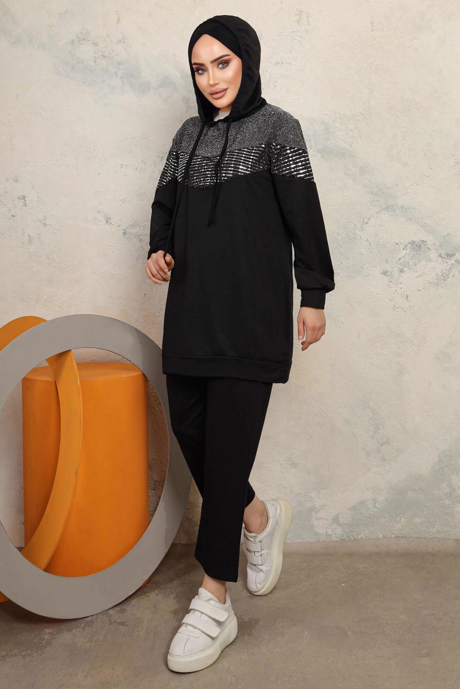 Tesettür giyim SİYAH TAŞ DETAYLI İKİLİ PANTOLONLU TAKIM T 1143