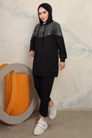Tesettür giyim SİYAH TAŞ DETAYLI İKİLİ PANTOLONLU TAKIM T 1143