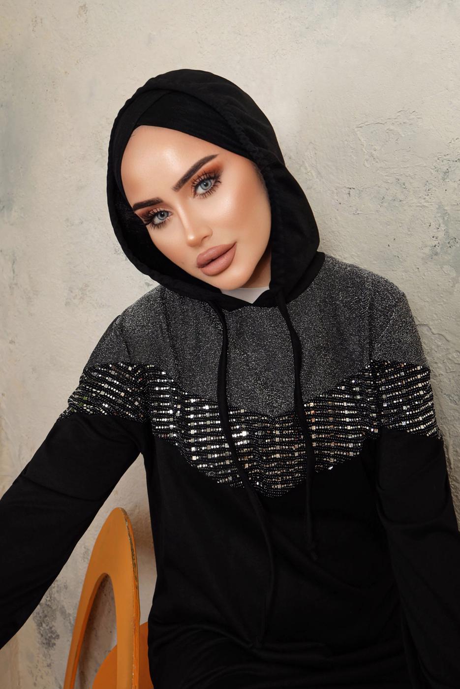 Tesettür giyim SİYAH TAŞ DETAYLI İKİLİ PANTOLONLU TAKIM T 1143