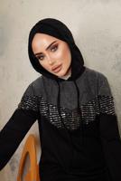 Tesettür giyim SİYAH TAŞ DETAYLI İKİLİ PANTOLONLU TAKIM T 1143