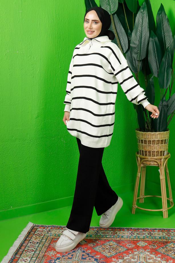 Vêtements hijab  STRIPED KNITWEAR PANTS SUIT WITH ZIPPERED COLLAR T 1208 - TRENDTESETTÜR