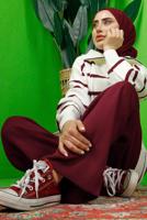 Tesettür giyim BORDO ÇİZGİLİ YAKASI FERMUARLI PANTOLONLU TRİKO TAKIM T 1208