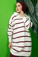 Tesettür giyim BORDO ÇİZGİLİ YAKASI FERMUARLI PANTOLONLU TRİKO TAKIM T 1208