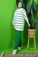 Tesettür giyim YEŞİL ÇİZGİLİ YAKASI FERMUARLI PANTOLONLU TRİKO TAKIM T 1208