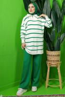 Tesettür giyim YEŞİL ÇİZGİLİ YAKASI FERMUARLI PANTOLONLU TRİKO TAKIM T 1208