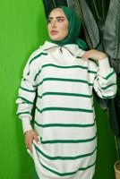 Tesettür giyim YEŞİL ÇİZGİLİ YAKASI FERMUARLI PANTOLONLU TRİKO TAKIM T 1208