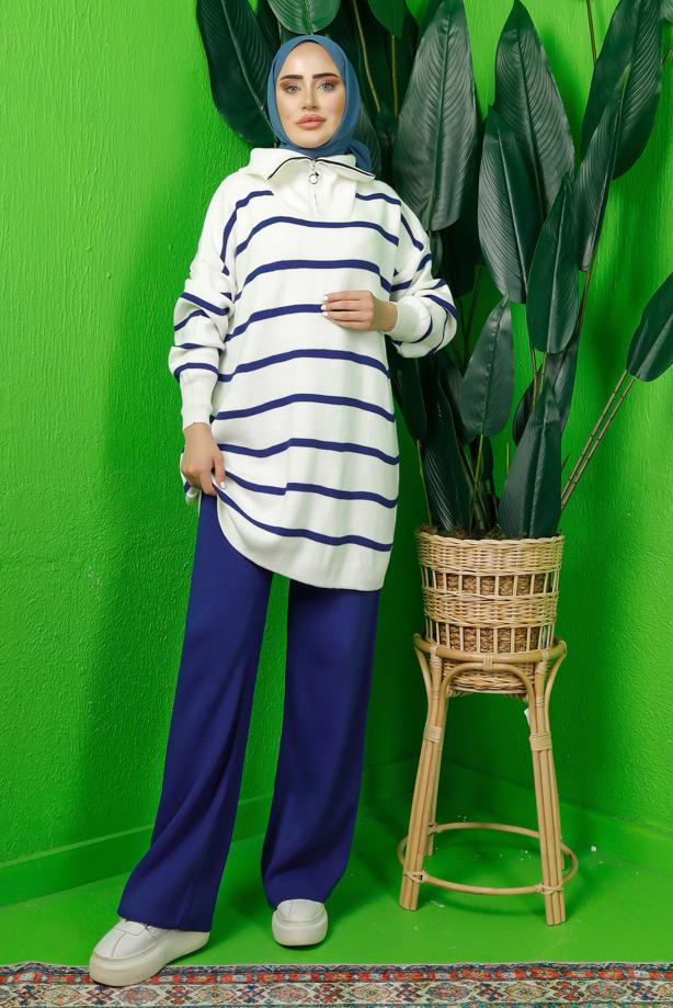Vêtements hijab  STRIPED KNITWEAR PANTS SUIT WITH ZIPPERED COLLAR T 1208 - TRENDTESETTÜR