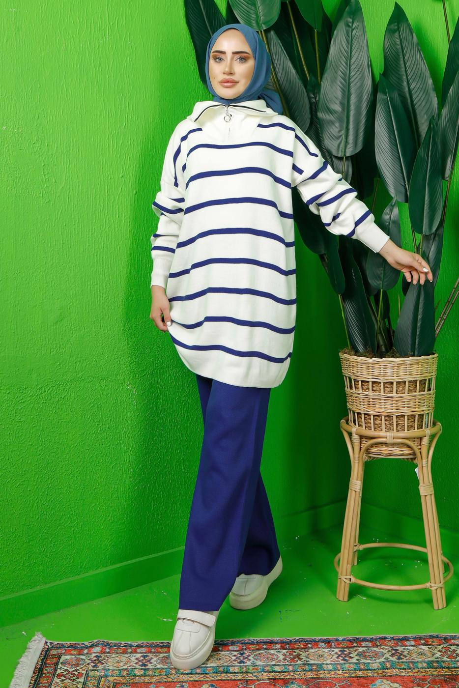 Vêtements hijab BLEU MARINE COSTUME PANTALON EN TRICOT RAYÉ AVEC COL ZIPPÉ T 1208