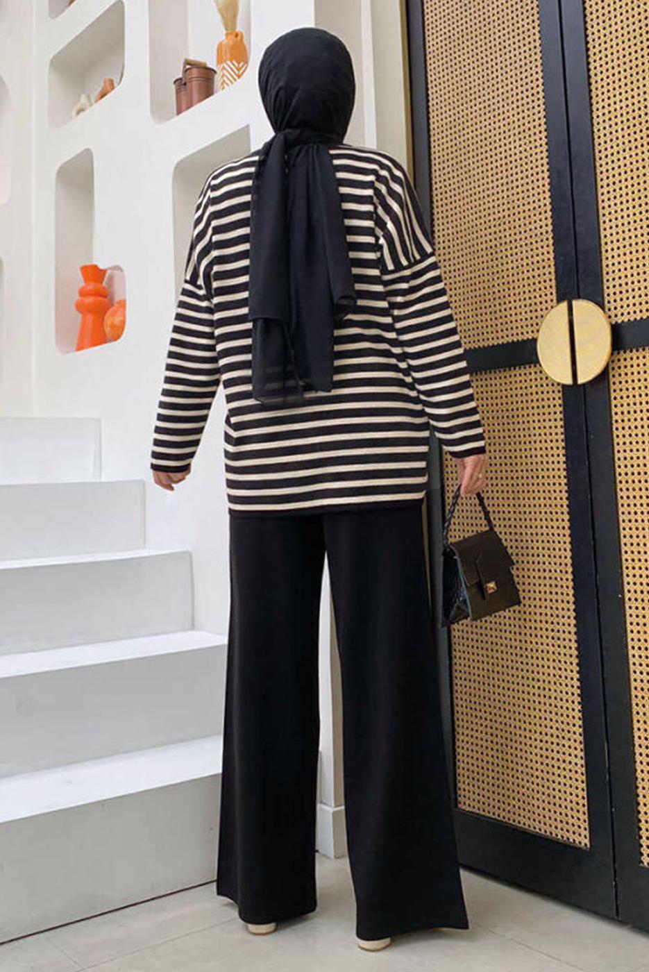 Tesettür giyim SİYAH ÇİZGİLİ PANTOLONLU TAKIM T 12332