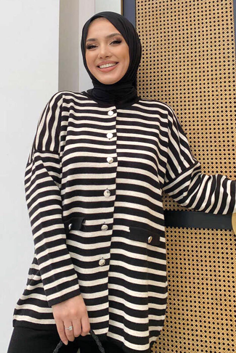 Tesettür giyim SİYAH ÇİZGİLİ PANTOLONLU TAKIM T 12332