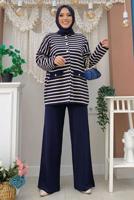 Tesettür giyim LACİVERT ÇİZGİLİ PANTOLONLU TAKIM T 12332