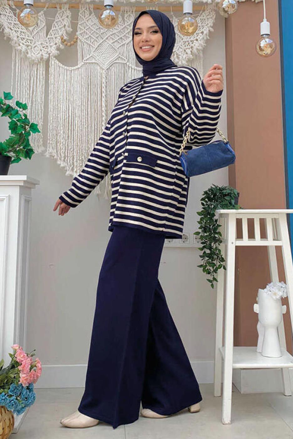 Tesettür giyim LACİVERT ÇİZGİLİ PANTOLONLU TAKIM T 12332