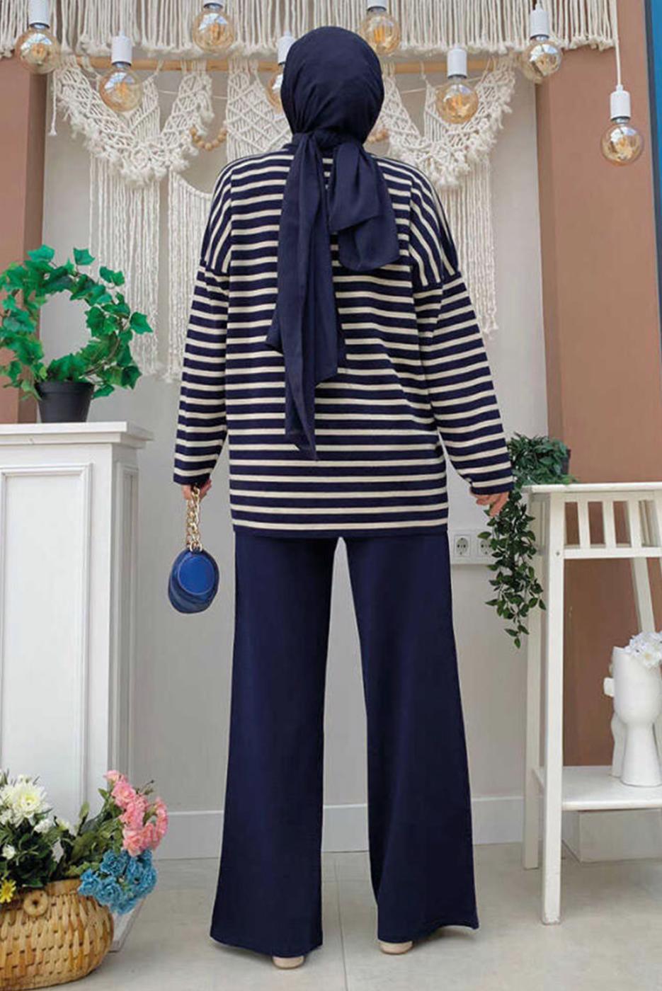 Tesettür giyim LACİVERT ÇİZGİLİ PANTOLONLU TAKIM T 12332