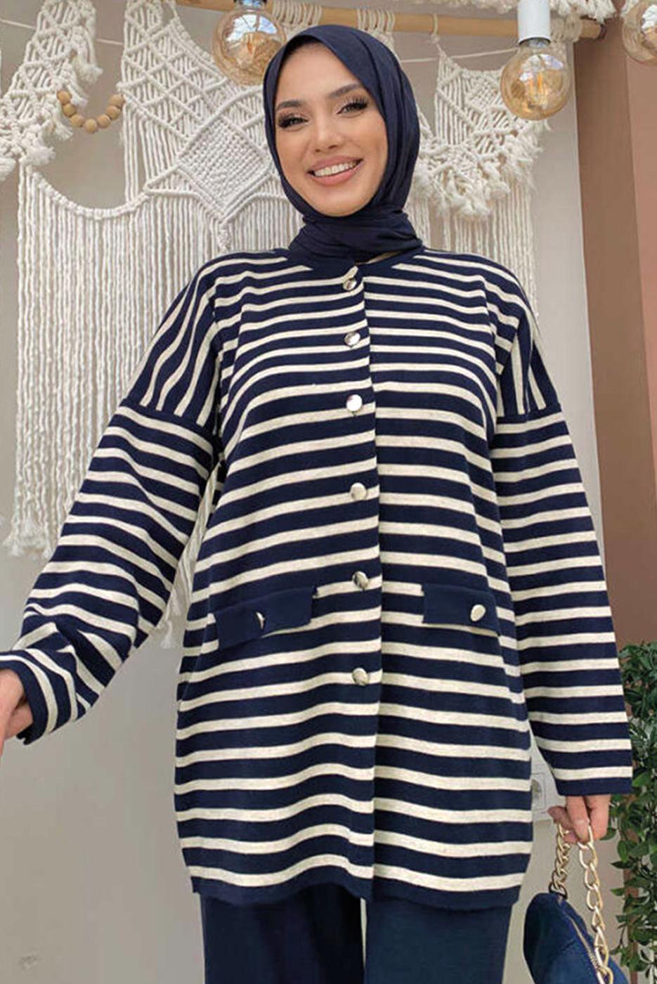 Tesettür giyim LACİVERT ÇİZGİLİ PANTOLONLU TAKIM T 12332