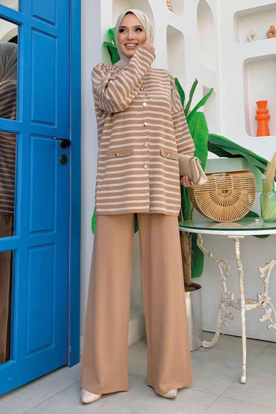 Tesettür giyim TABA ÇİZGİLİ PANTOLONLU TAKIM T 12332