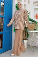 Tesettür giyim TABA ÇİZGİLİ PANTOLONLU TAKIM T 12332