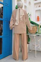 Tesettür giyim TABA ÇİZGİLİ PANTOLONLU TAKIM T 12332