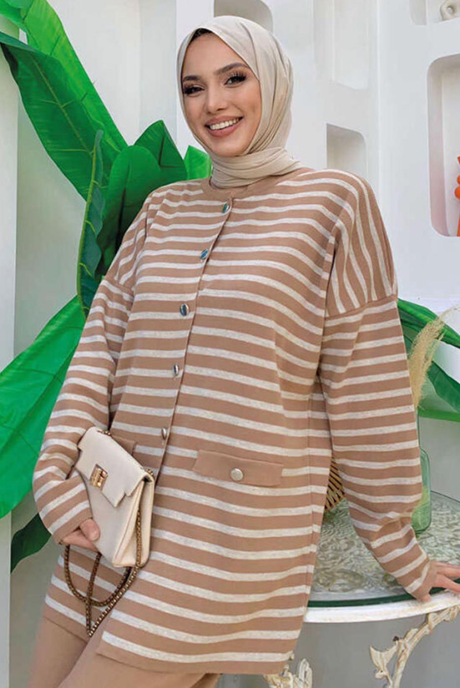 Tesettür giyim TABA ÇİZGİLİ PANTOLONLU TAKIM T 12332