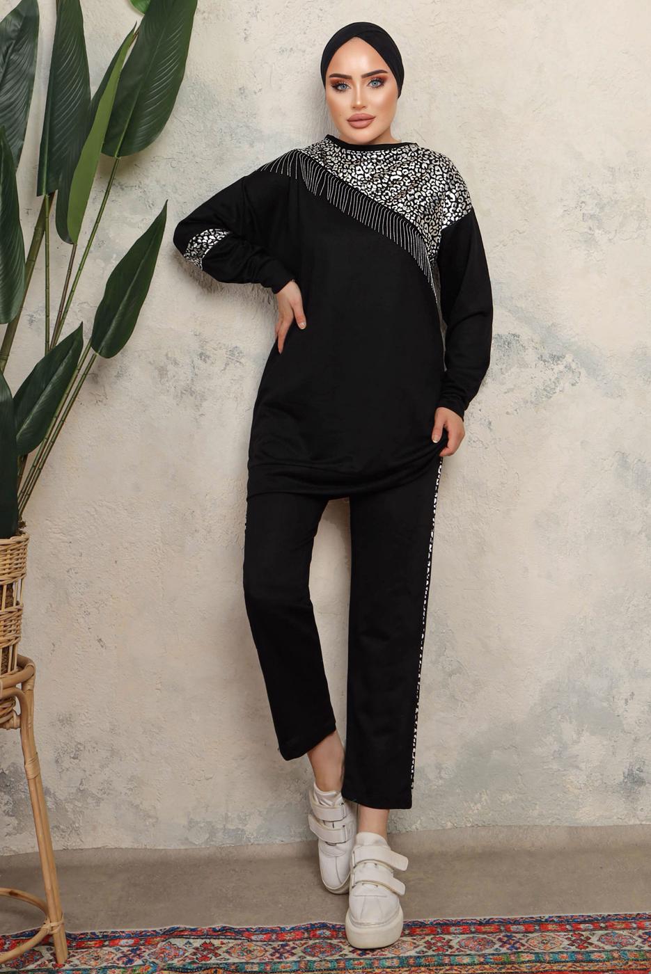 Tesettür giyim SİYAH LEOPAR DESENLİ PÜSKÜLLÜ PANTOLONLU TAKIM T 1243