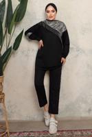 Tesettür giyim SİYAH LEOPAR DESENLİ PÜSKÜLLÜ PANTOLONLU TAKIM T 1243