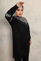 Tesettür giyim SİYAH LEOPAR DESENLİ PÜSKÜLLÜ PANTOLONLU TAKIM T 1243