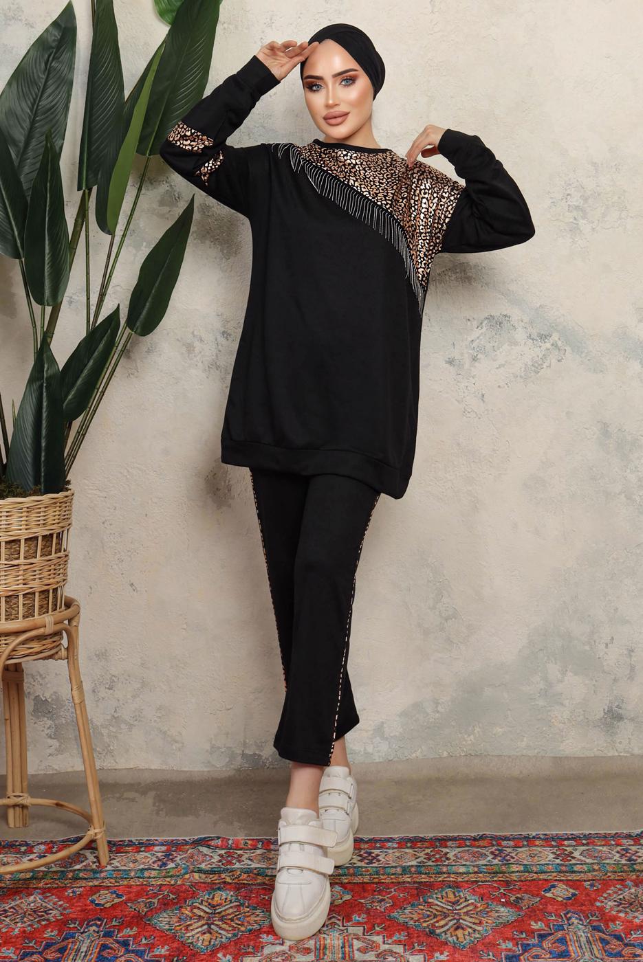 Tesettür giyim SİYAH LEOPAR DESENLİ PÜSKÜLLÜ PANTOLONLU TAKIM T 1243