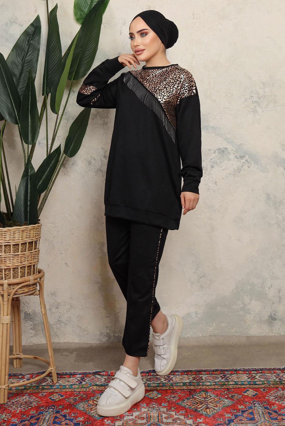 Tesettür giyim SİYAH LEOPAR DESENLİ PÜSKÜLLÜ PANTOLONLU TAKIM T 1243