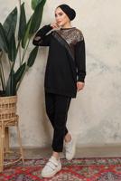 Tesettür giyim SİYAH LEOPAR DESENLİ PÜSKÜLLÜ PANTOLONLU TAKIM T 1243