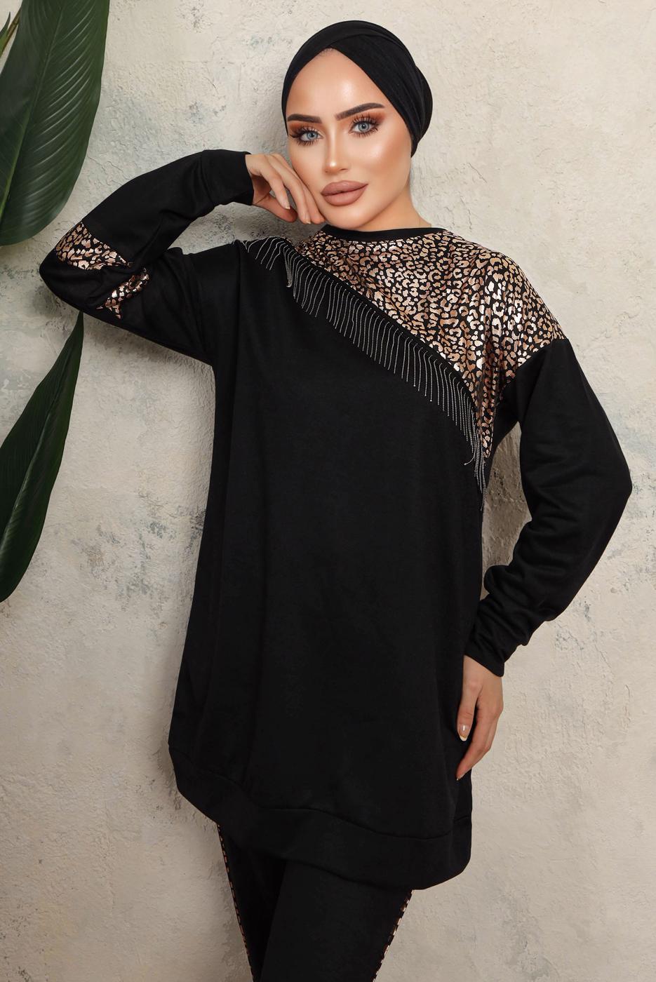 Tesettür giyim SİYAH LEOPAR DESENLİ PÜSKÜLLÜ PANTOLONLU TAKIM T 1243