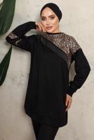 Tesettür giyim SİYAH LEOPAR DESENLİ PÜSKÜLLÜ PANTOLONLU TAKIM T 1243