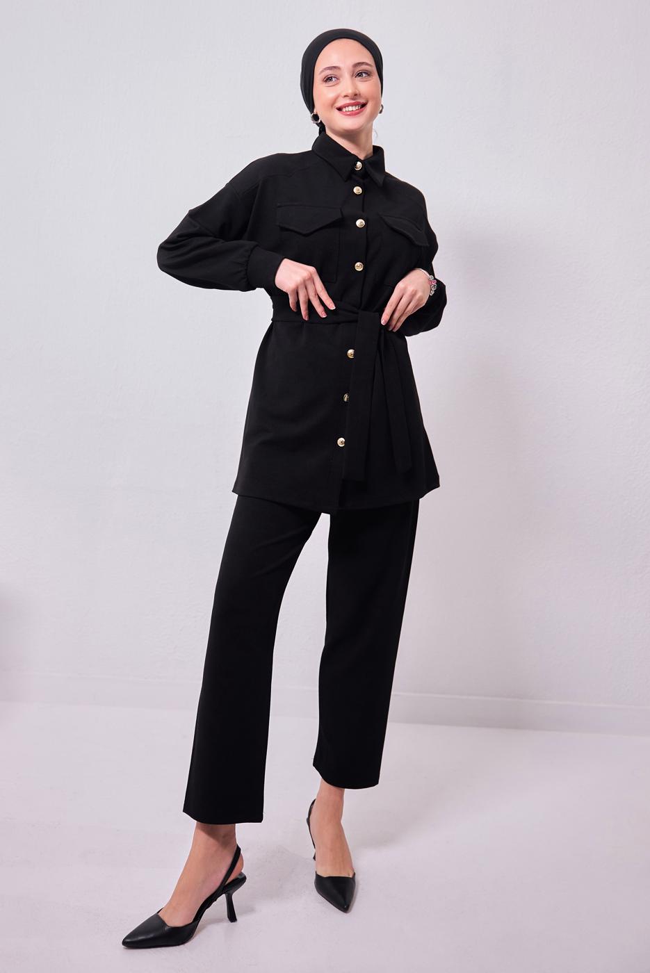 Tesettür giyim SİYAH GÖMLEK YAKA PANTOLONLU TAKIM T 1353