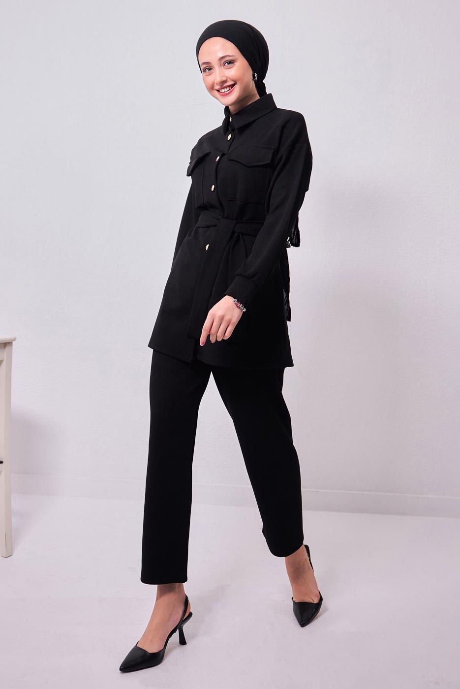 Tesettür giyim SİYAH GÖMLEK YAKA PANTOLONLU TAKIM T 1353