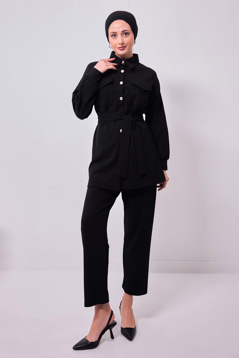 Tesettür giyim SİYAH GÖMLEK YAKA PANTOLONLU TAKIM T 1353