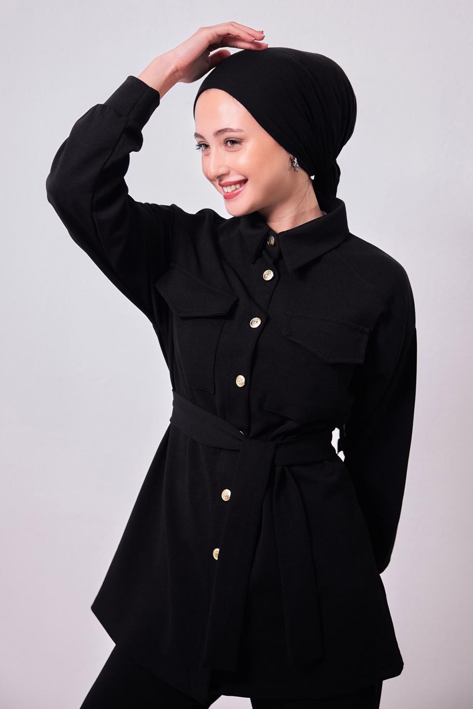 Tesettür giyim SİYAH GÖMLEK YAKA PANTOLONLU TAKIM T 1353
