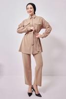 Tesettür giyim BEJ GÖMLEK YAKA PANTOLONLU TAKIM T 1353