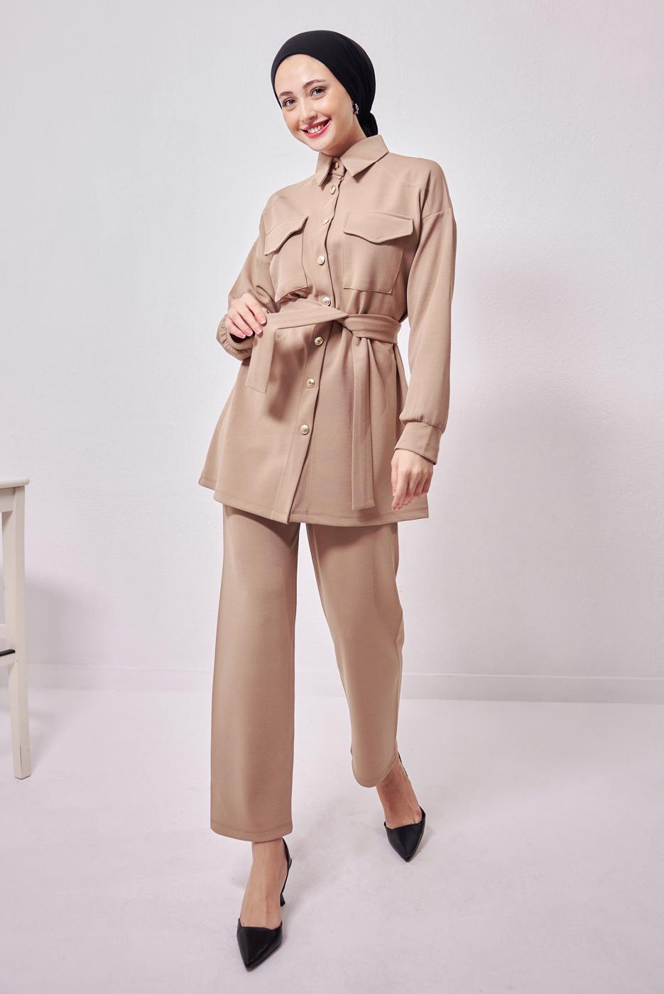 Tesettür giyim BEJ GÖMLEK YAKA PANTOLONLU TAKIM T 1353