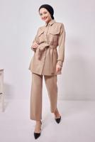 Tesettür giyim BEJ GÖMLEK YAKA PANTOLONLU TAKIM T 1353