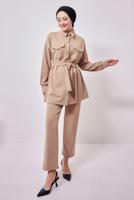 Tesettür giyim BEJ GÖMLEK YAKA PANTOLONLU TAKIM T 1353