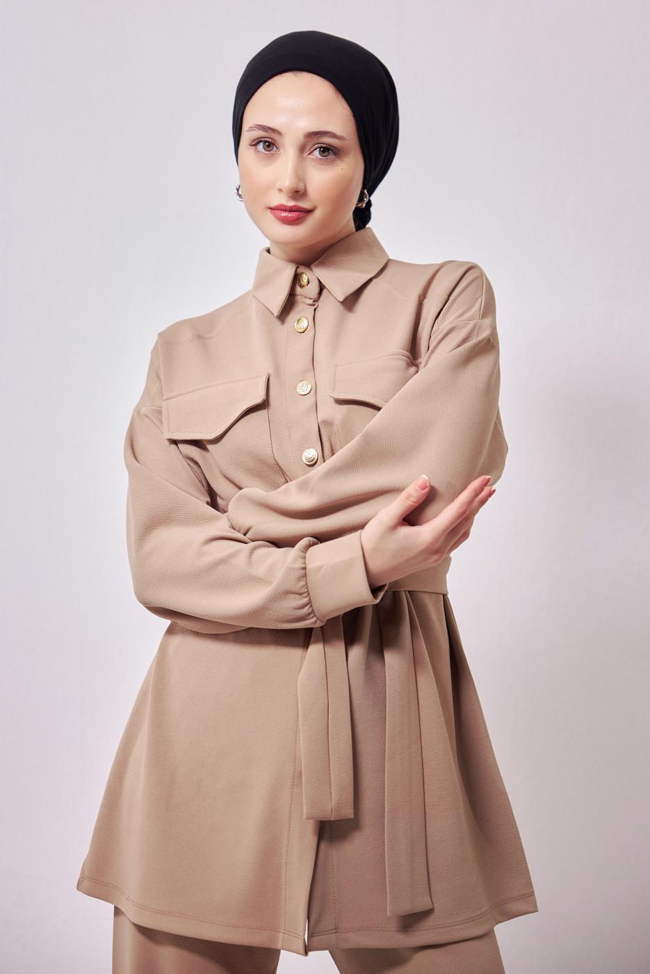 Tesettür giyim BEJ GÖMLEK YAKA PANTOLONLU TAKIM T 1353