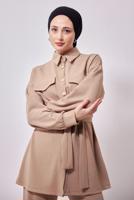 Tesettür giyim BEJ GÖMLEK YAKA PANTOLONLU TAKIM T 1353