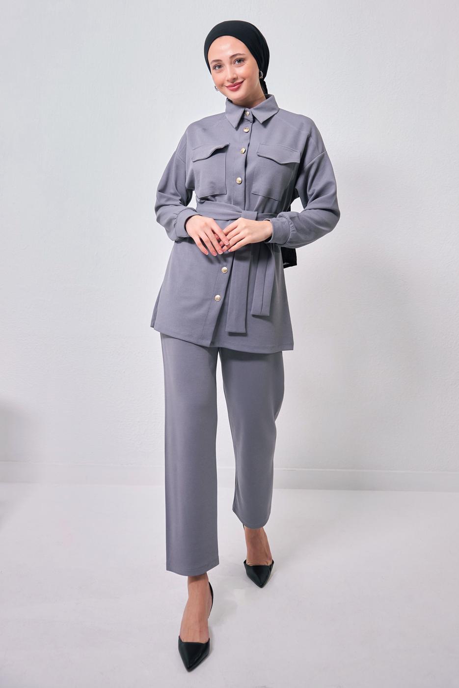 Tesettür giyim GRİ GÖMLEK YAKA PANTOLONLU TAKIM T 1353