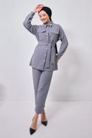 Tesettür giyim GRİ GÖMLEK YAKA PANTOLONLU TAKIM T 1353